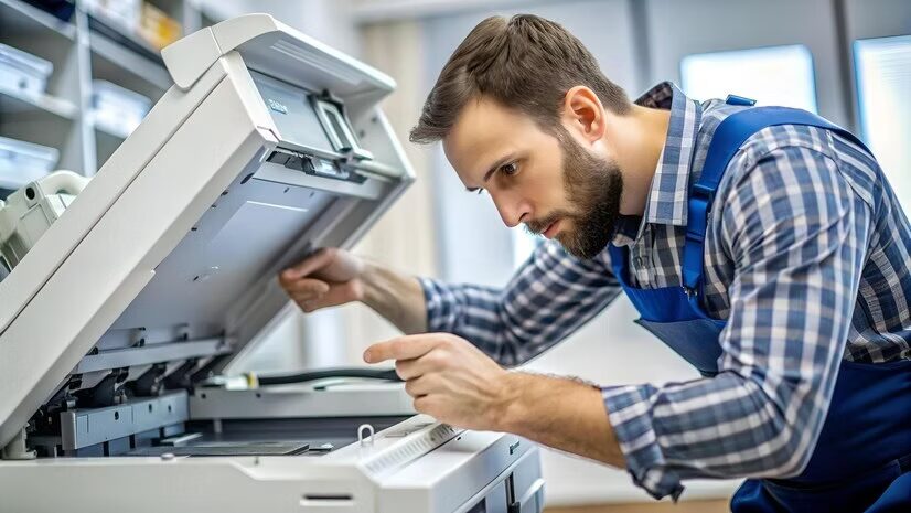 Technician repairing printer on-site